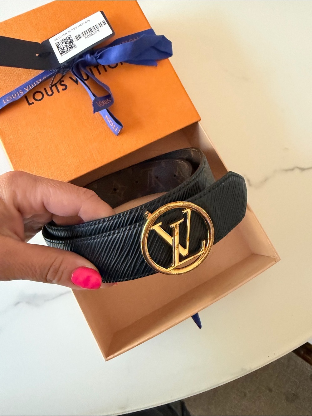 Louis Vuitton Reversible Monogram and Black Epi Leather Logo Belt Gold LV Buckle